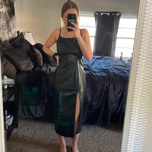 Faux Leather Strappy Low Back Midi Dress